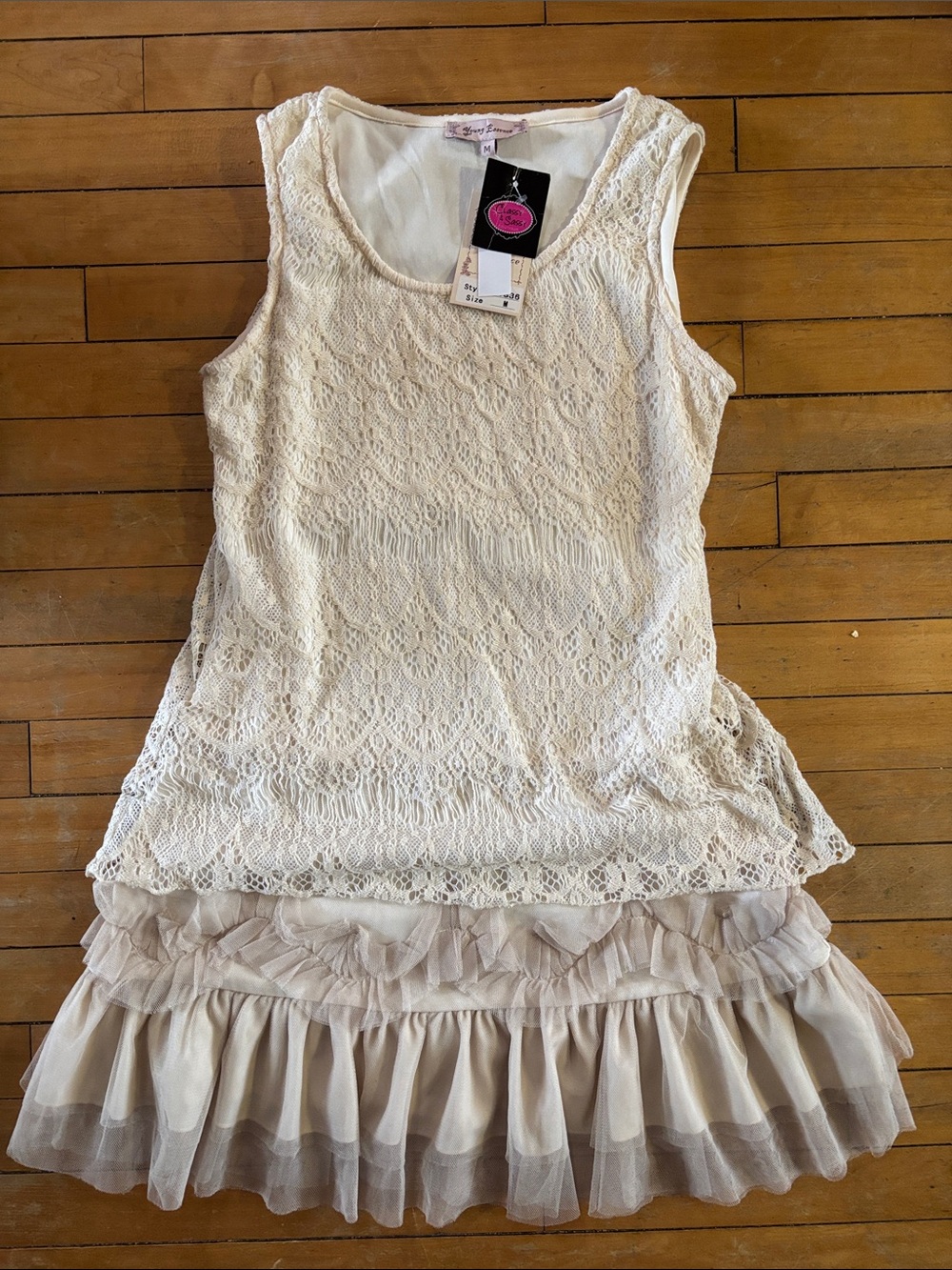 NWT Young Essence Cream Lace Tank Dress with Ruffle Tulle Skirt